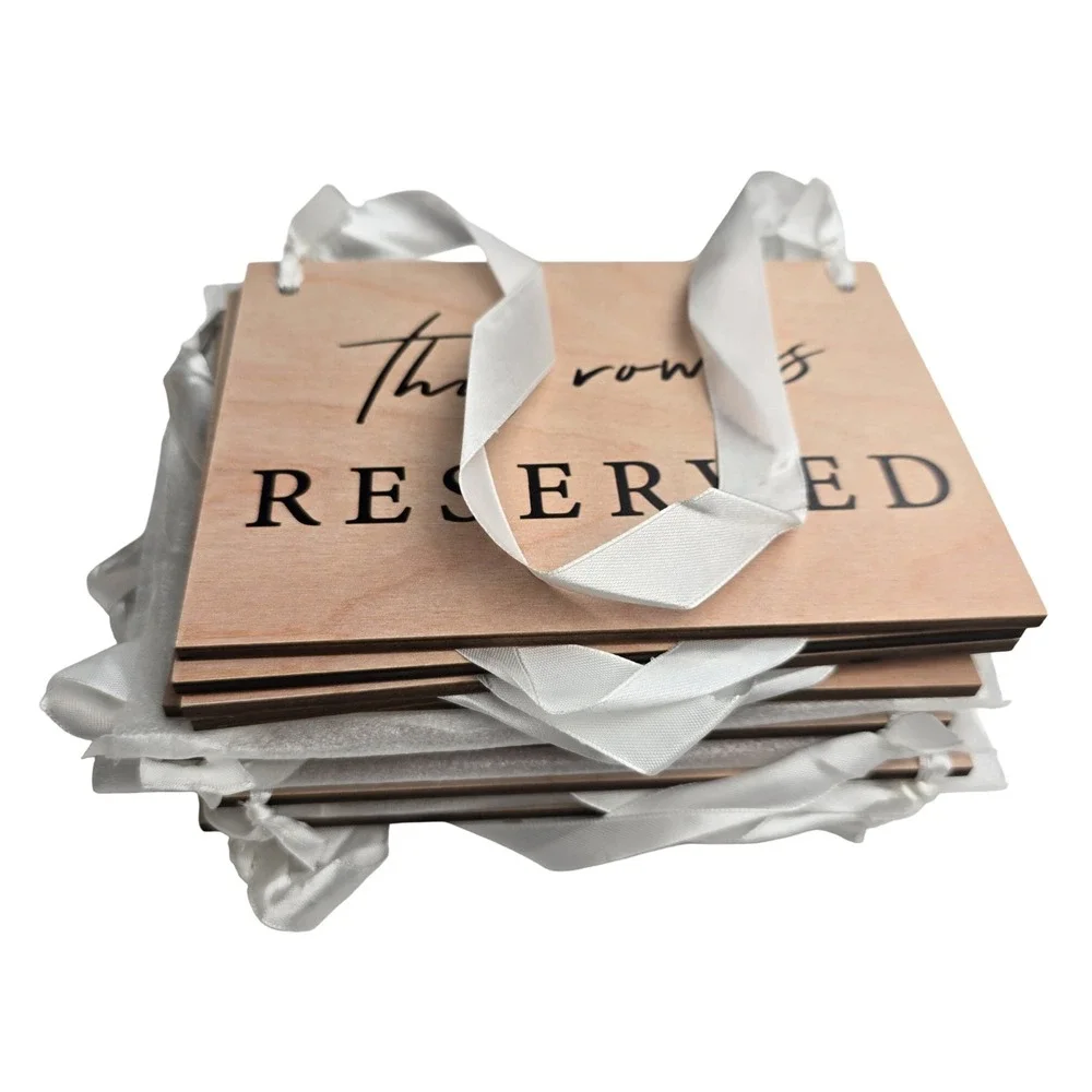 12 Pack Wooden Reserved Row Sign for Wedding Ceremony Natural Wood White Ribbon